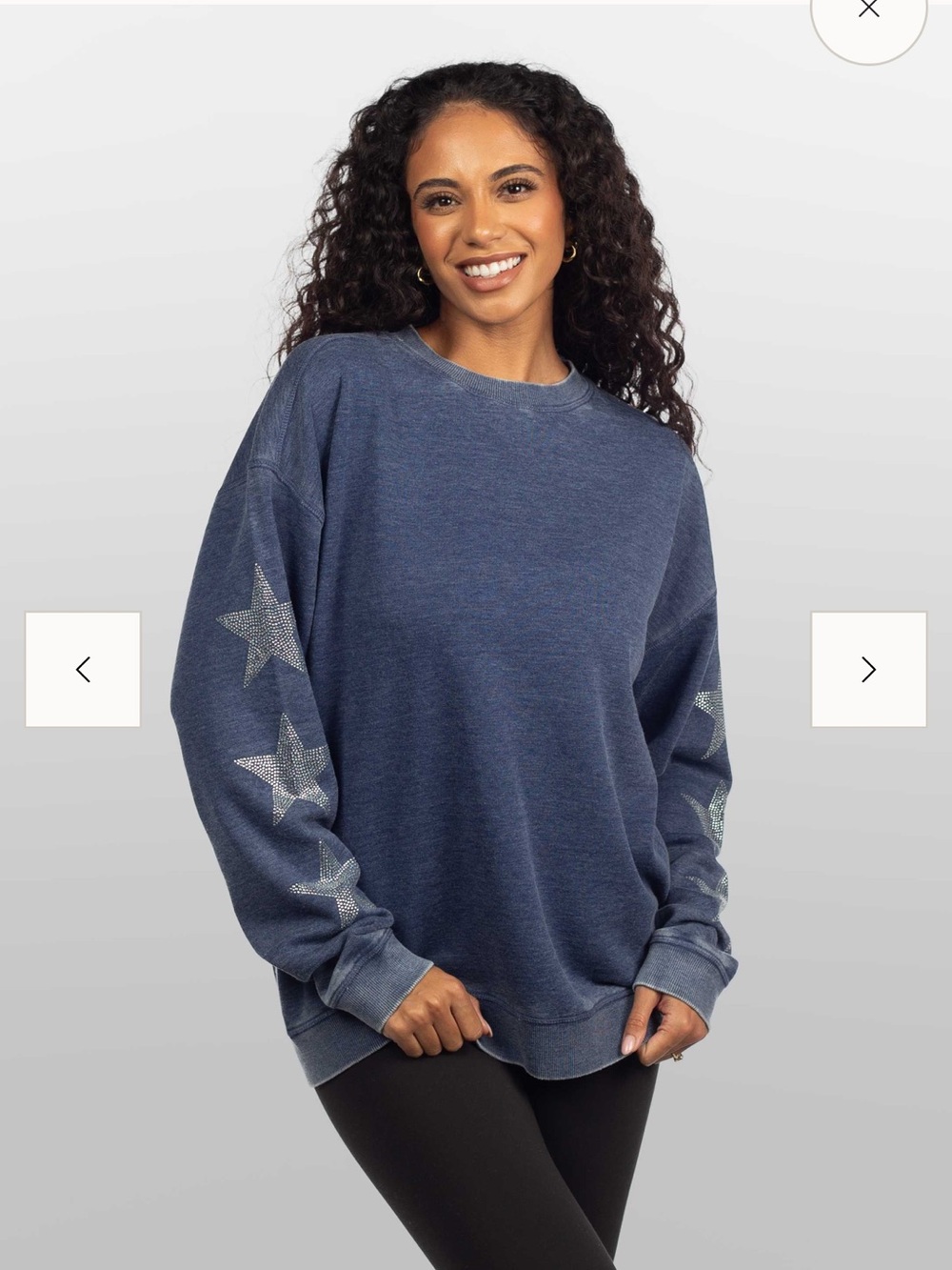 Chicka-d women’s Crewneck Sweater in Heather Blue with Sleeve Star Detail